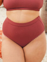Brick Red Contrast Stitch High Cut Plus Size Bikini Bottom