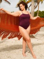 Burgundy Textured Backless Plus Size One-Piece Swimsuit - Image 4