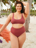 Brick Red Contrast Stitch High Cut Plus Size Bikini Bottom - Image 3