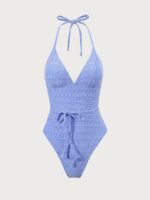 Blue Jacquard Halter One-Piece Swimsuit - Image 7