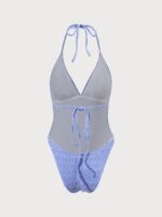 Blue Jacquard Halter One-Piece Swimsuit - Image 8