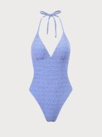 Blue Jacquard Halter One-Piece Swimsuit - Image 6