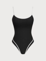 Black Contrast Ribbed U Neck One-Piece Swimsuit - Image 7