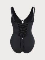 Black Ruched Cutout Tummy Control Plus Size One Piece Swimsuit - Image 5