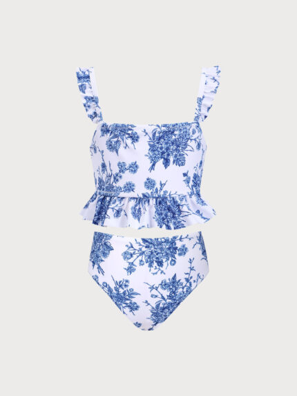 Girls' Blue Floral Tankini Set