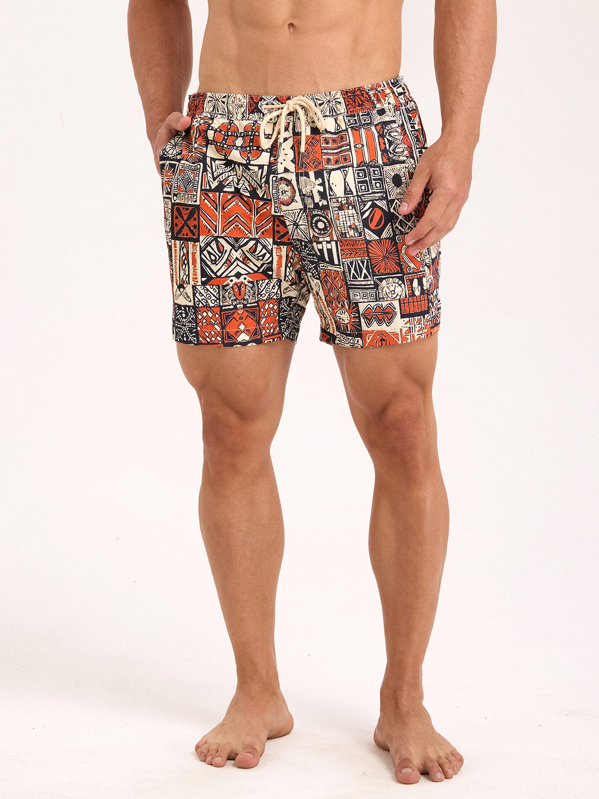 men_-s-woven-nylon-swim-shorts-sustainable-men_s_beach_shorts-mx214l Hapnix®- AfricaⅡ- The Orange Men's 5" Swim Trunks - Image 1