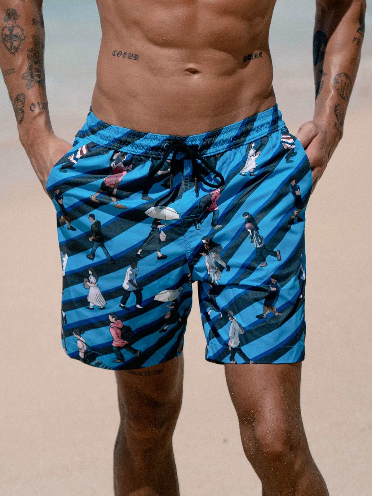 men_s-woven-polyester-swim-shorts-sustainable-men_s_beach_shorts-glq0ri Hapnix® - The Blue Black Men's 7" Swim Trunks - Image 1