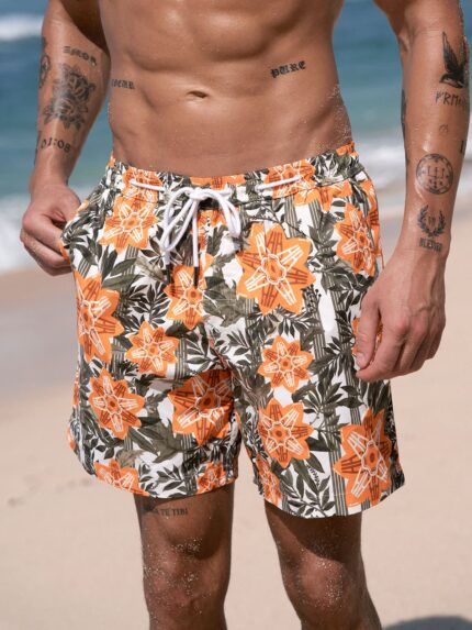 Hapnix® - The Orange Floral Men's 7" Swim Trunks