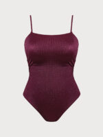 Burgundy Textured Backless Plus Size One-Piece Swimsuit - Image 5