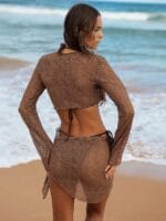 Brown V Neck Crochet Cover-Up - Image 5