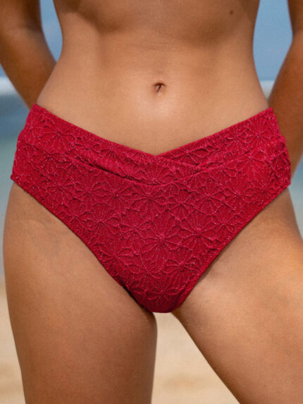 Wine Red Textured Full Coverage Bikini Bottom