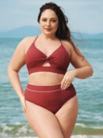 Brick Red Contrast Stitch Plus Size Bikini Bottom - Image 3