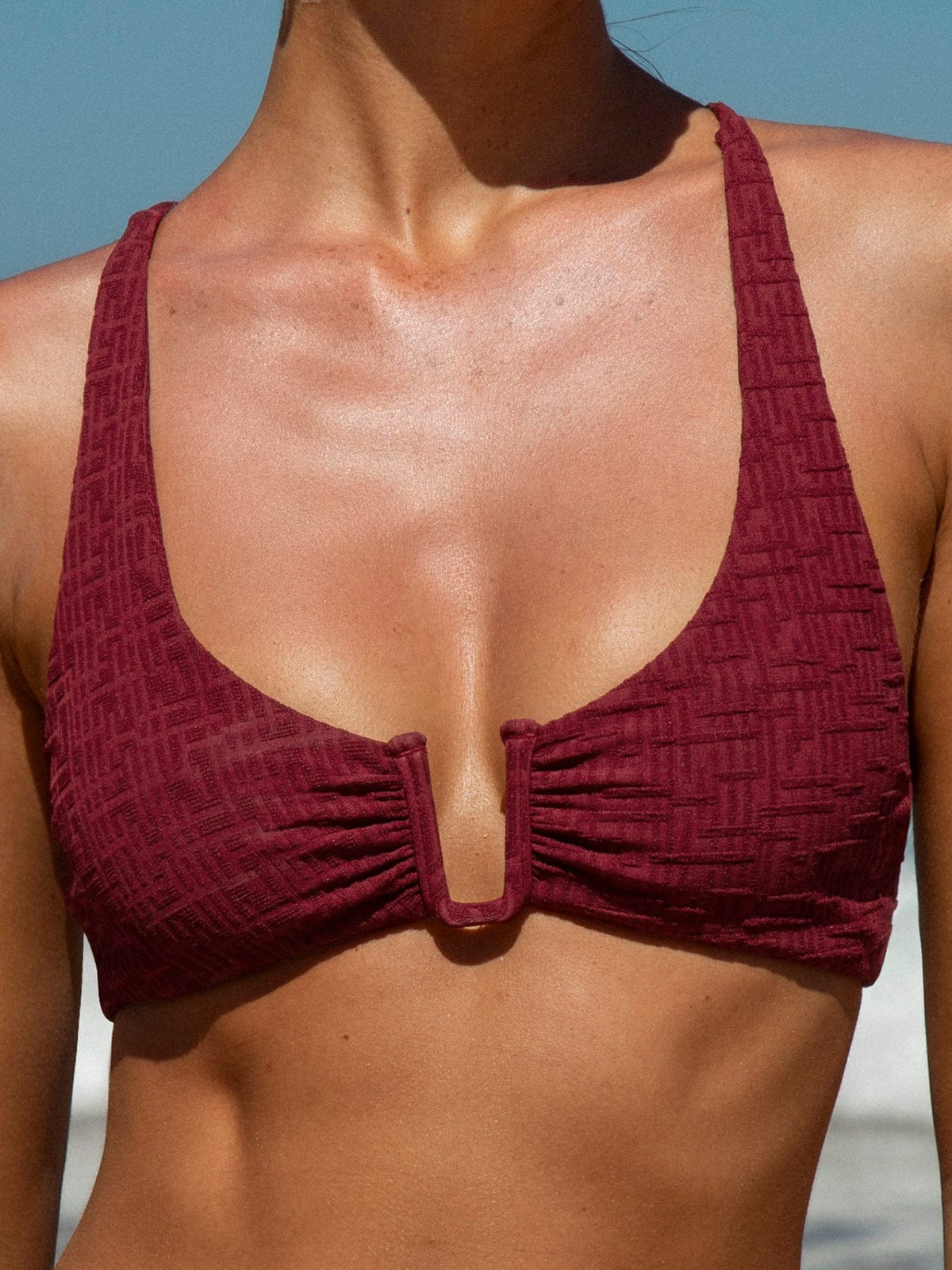 women-knitted-nylon-bikini-tops-sustainable-bikinis-hucnv3 Wine Red Textured U-Ring Cross Back Bikini Top - Image 1