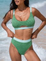 Dark Green Jacquard Cut Out Bikini Top - Image 3