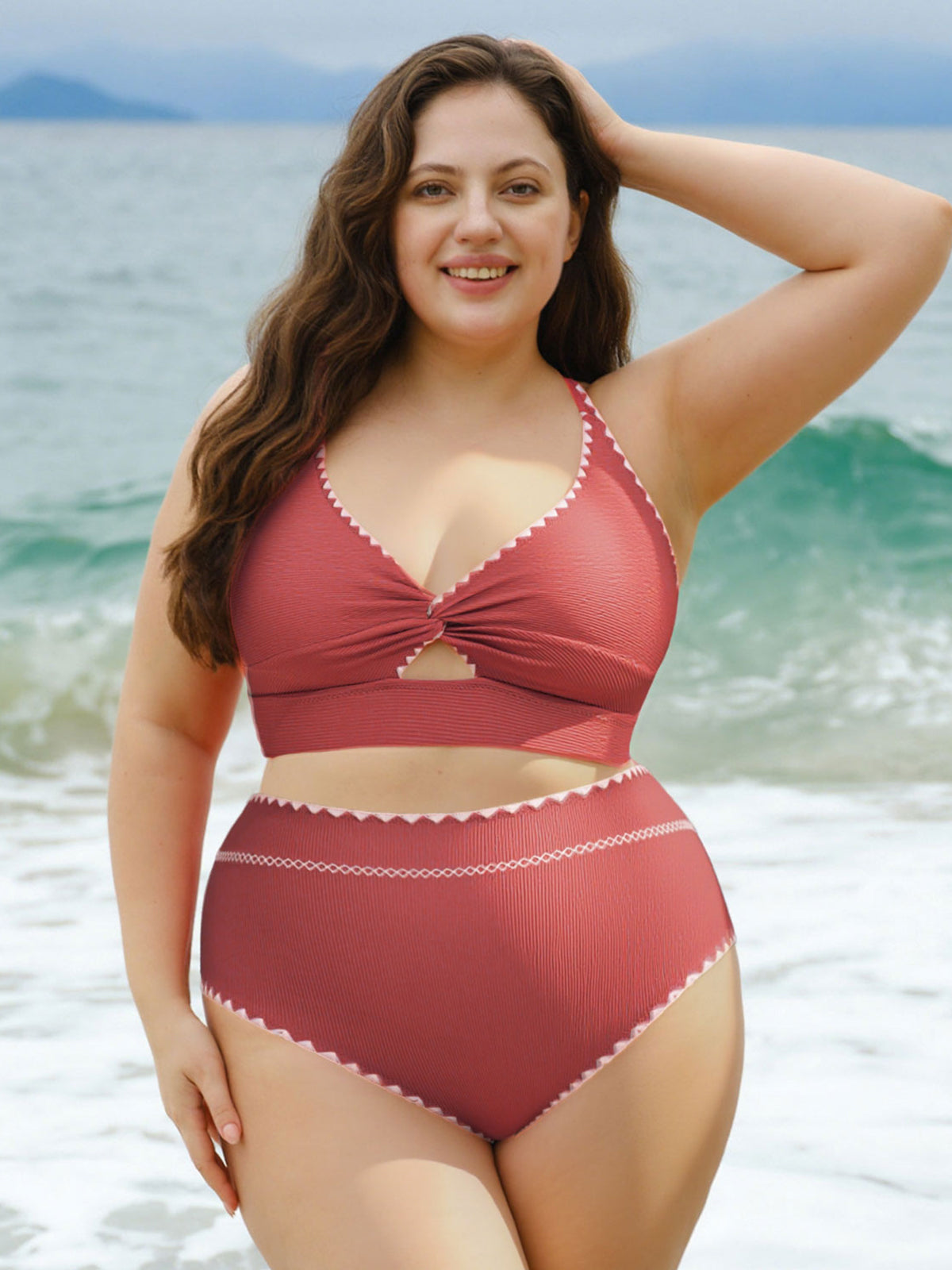 women-knitted-nylon-bikini-tops-sustainable-plus_size_bikinis-8lbskj Brick Red Contrast Stitch Plus Size Bikini Top - Image 1