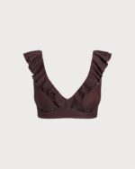 Brown Ruffled V-Neck Plus Size Bikini Top - Image 6