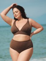 Dark Coffee Lurex Strappy Plus Size Bikini Top - Image 4