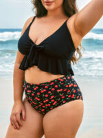 Black Lace-Up Ruffled Plus Size Tankini Top - Image 2
