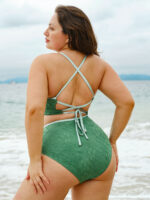 Dark Green Jacquard V Notch Plus Size Bikini Top - Image 2