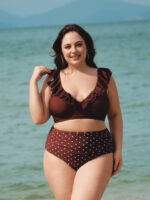Brown Ruffled V-Neck Plus Size Bikini Top - Image 5