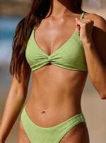 Light Green Textured Twist Cross Back Bikini Top - Image 4
