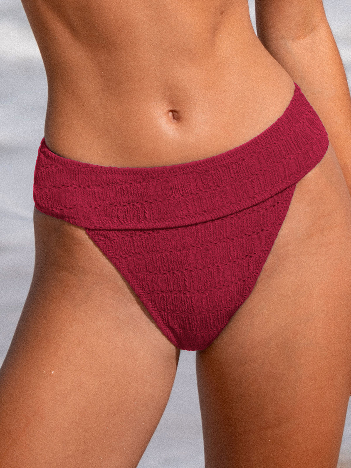 women-knitted-nylon-blended-bikini-bottoms-red-sustainable-bikinis-syogsm Red Textured Wide Waistband Bikini Bottom - Image 1