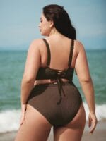Dark Coffee Textured V Neck Plus Size Tankini Top - Image 2
