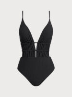Black Textured Plunge One-Piece Swimsuit - Image 6