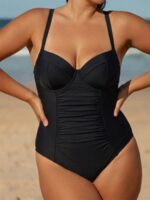 Black Ruched Tummy Control Plus Size One Piece Swimsuit - Image 4