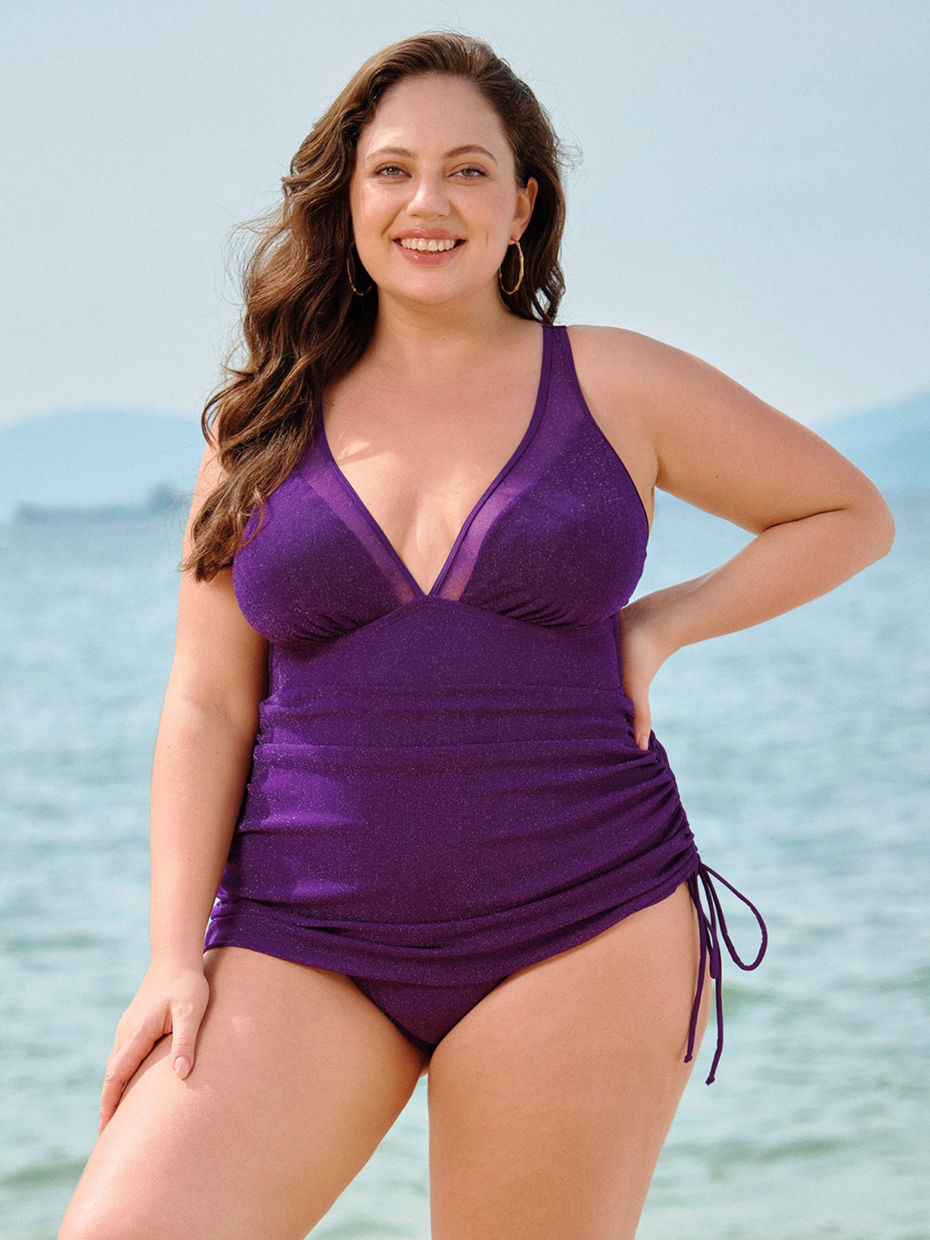 women-knitted-nylon-blended-one-pieces-swimwear-purple-sustainable-plus_size_one-pieces-l50uvb Purple Ruched Drawstring Plus Size One-Piece Swimsuit - Image 1