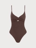 Coffee Ribbed Twist Knot One-Piece Swimsuit - Image 10