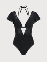 Black Lurex V Neck Tie One-Piece Swimsuit - Image 8
