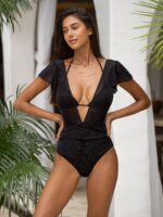 Black Lurex V Neck Tie One-Piece Swimsuit - Image 6