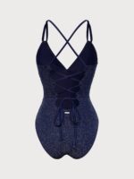 Blue Lurex V-Neck One Piece Swimwear - Image 9