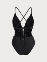 Black Textured Plunge One-Piece Swimsuit - Image 7