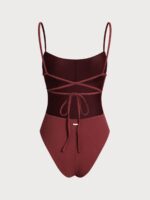Wine Red Ribbed Cross Back One-Piece Swimsuit - Image 9