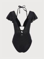 Black Lurex V Neck Tie One-Piece Swimsuit - Image 9