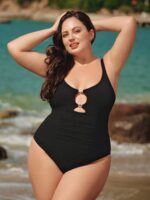Black Cutout Gold-Accented Plus Size One-Piece Swimsuit - Image 5