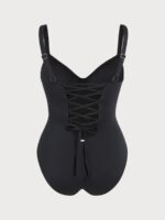 Black Ruched Tummy Control Plus Size One Piece Swimsuit - Image 7