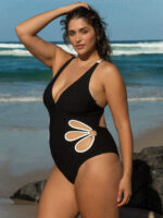 Black V Neck Plus Size One-Piece Swimsuit - Image 2