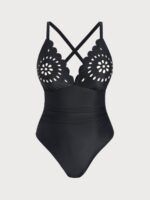 Black Floral Pattern Plus Size One-Piece Swimsuit - Image 6