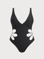 Black V Neck Plus Size One-Piece Swimsuit - Image 5
