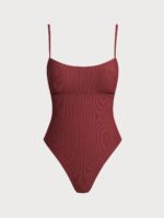 Wine Red Ribbed Cross Back One-Piece Swimsuit - Image 8