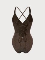 Dark Coffee Lurex V-Neck One Piece Swimwear - Image 7