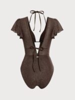 Dark Coffee Lurex V Neck Tie One-Piece Swimsuit - Image 8