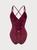 Wine Red Lurex V-Neck One Piece Swimwear - Image 7