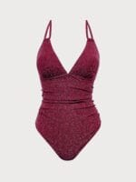 Wine Red Lurex V-Neck One Piece Swimwear - Image 6
