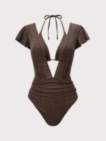 Dark Coffee Lurex V Neck Tie One-Piece Swimsuit - Image 7
