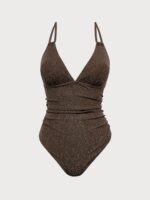 Dark Coffee Lurex V-Neck One Piece Swimwear - Image 6