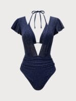 Blue Lurex V Neck Tie One-Piece Swimsuit - Image 4